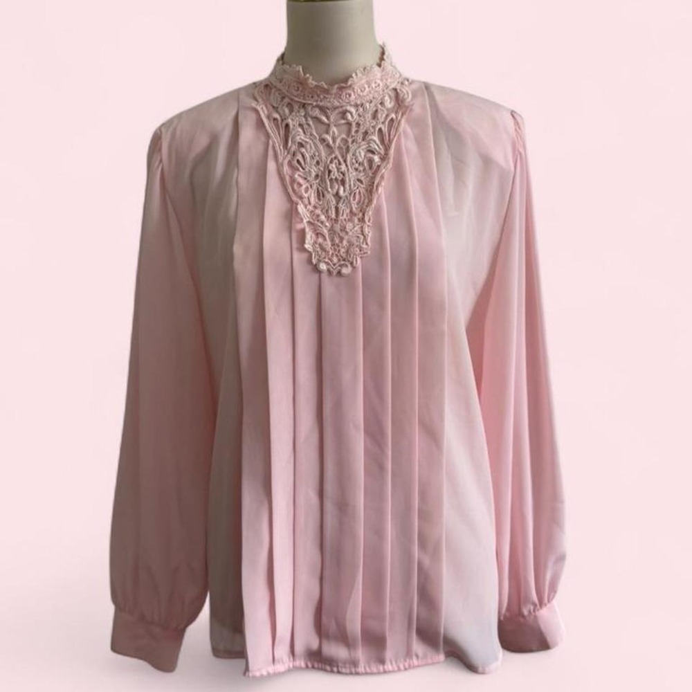 Vintage Worthington Blush Pink Lace Collar‎ Pleated Blouse Long Sleeve Size 16